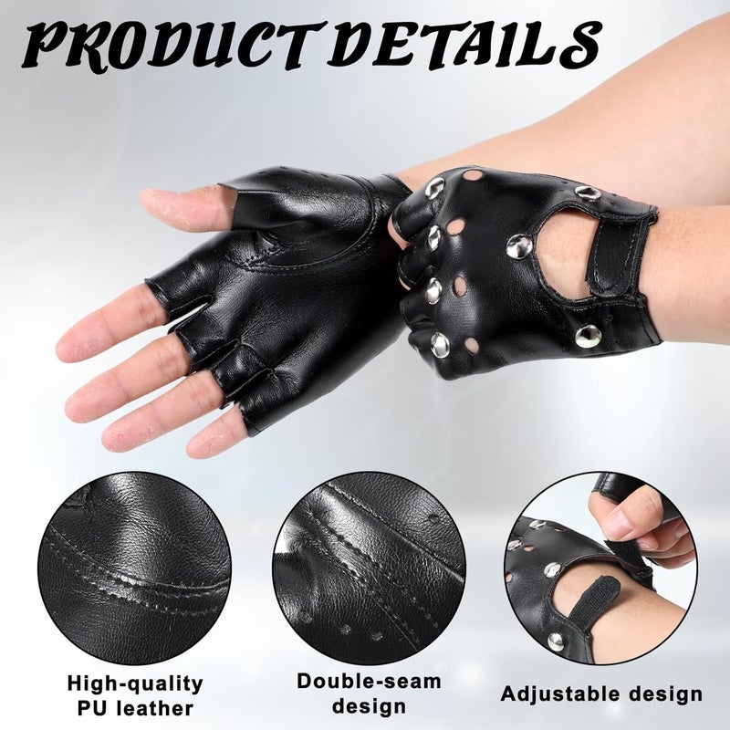 Styquenzer Black Leather Motorcycle Gloves, Gothic Fingerless Gloves Men Women, Fingerless Dancing Mittens Steampunk Retro Punk Biker Glove for Men Women Adults - Image 3